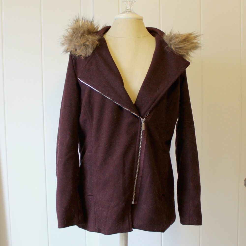 FINAL - Wool Blend Maroon Burgundy Fur Coat Moto M